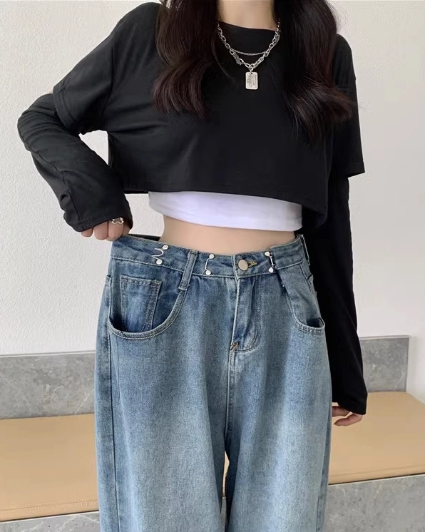Blue Straight Cut Adjustable Waist Jeans | Momo - Twice