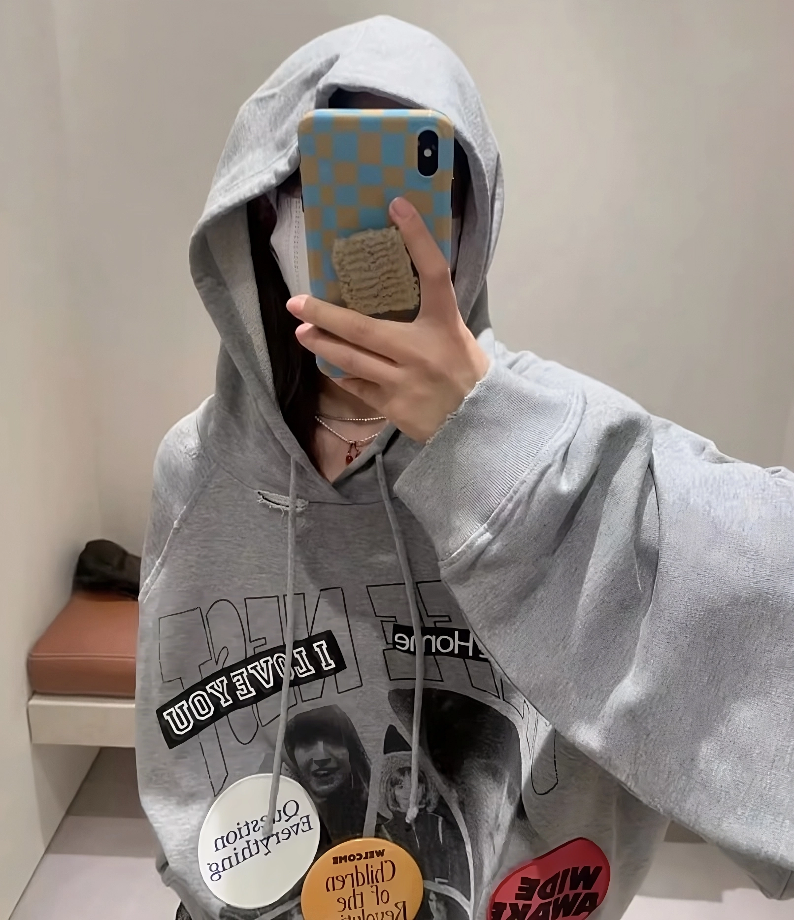 Grey Collage Printed Hoodie | Mingi - ATEEZ - Fashion Chingu