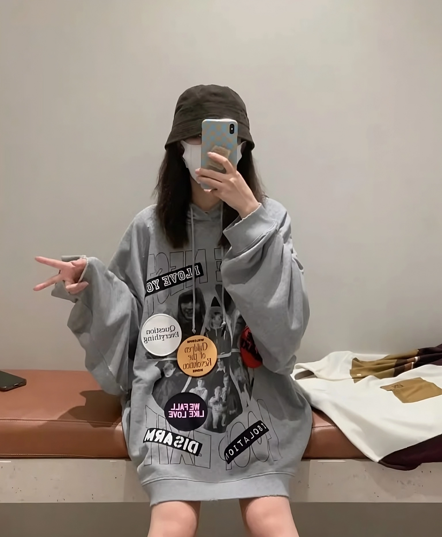 Grey Collage Printed Hoodie | Mingi - ATEEZ - Fashion Chingu