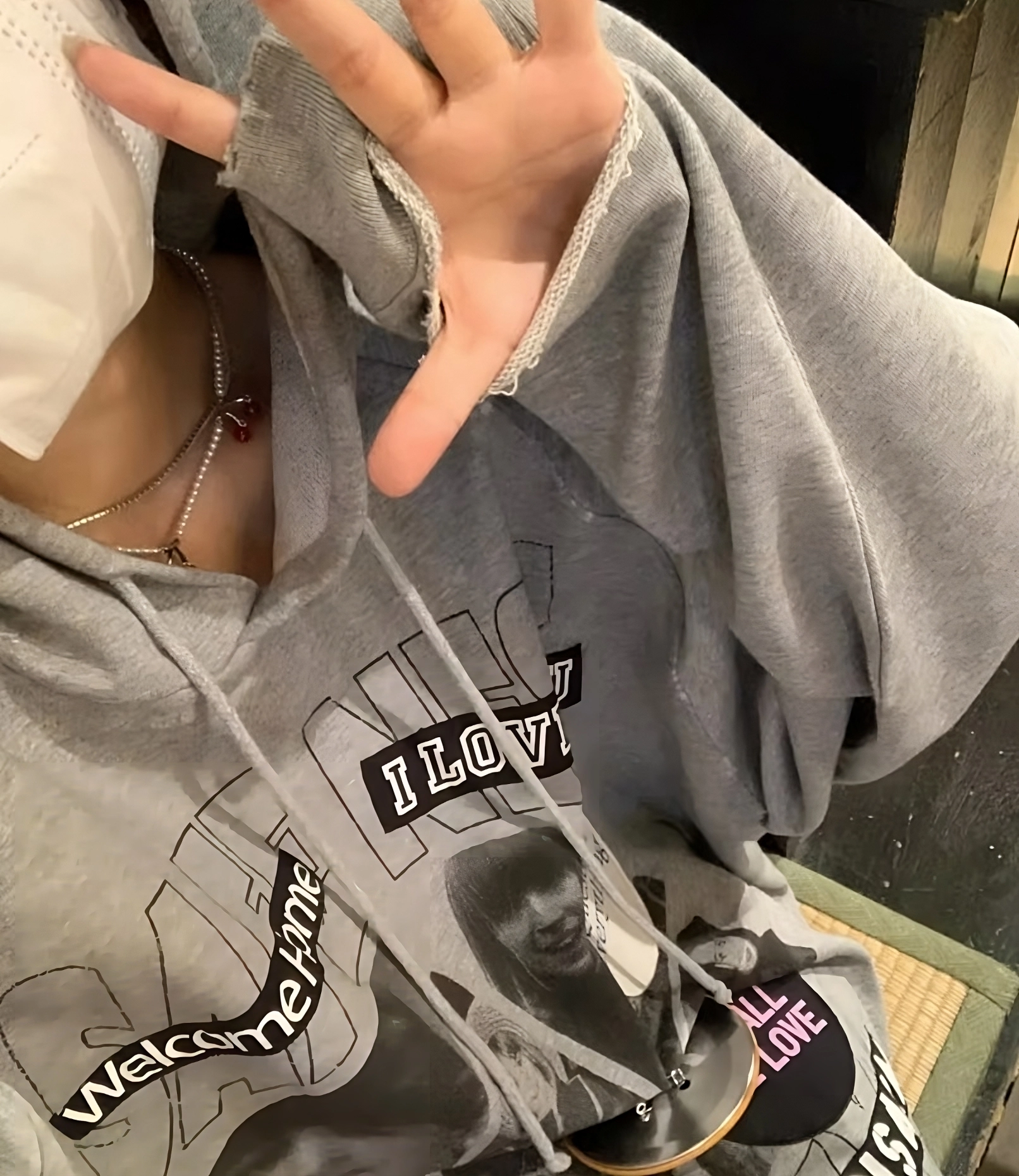 Grey Collage Printed Hoodie | Mingi - ATEEZ - Fashion Chingu