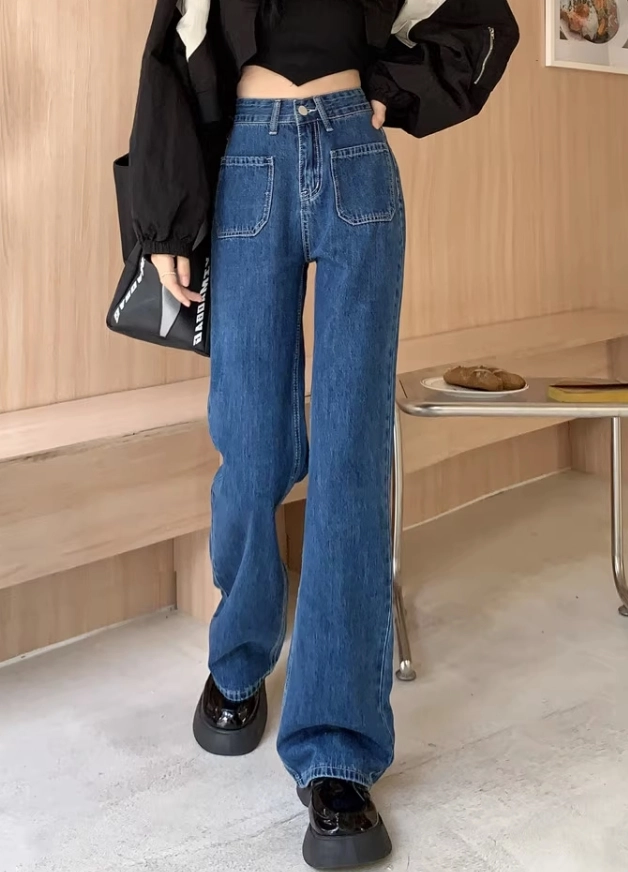 【Swimcity】韓国人気★Ronji pocket jeans (M,L) Blue Rectangular Patched Pocket Denim Jeans | Minji