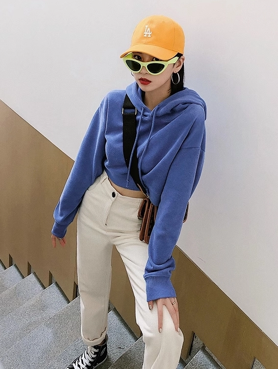 Blue Cropped Drawstring Hoodie | Rose - BlackPink - Fashion