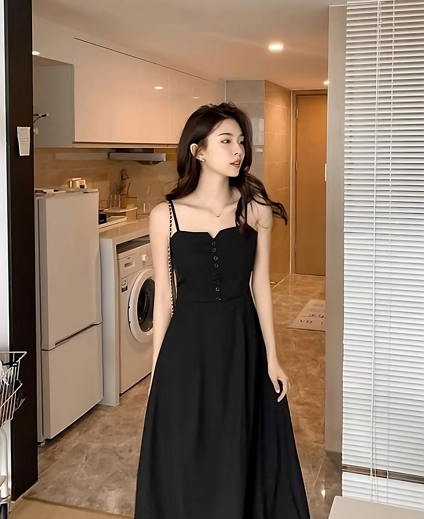 Black Buttoned Midi Dress | Jiwoo - NMIXX - Fashion Chingu