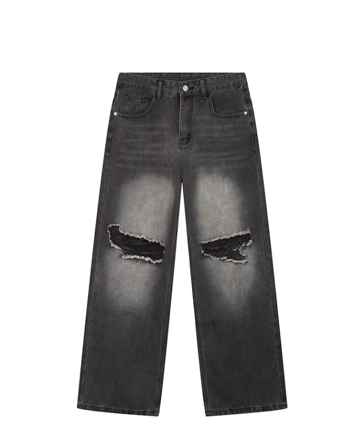 デニム・ジーパン BOHEMSEO : 25SS / KNEE OPEN RIPPED WIDE JEANS (BLACK) Vintage Washed Knee Ripped Wide-Leg Denim Jeans