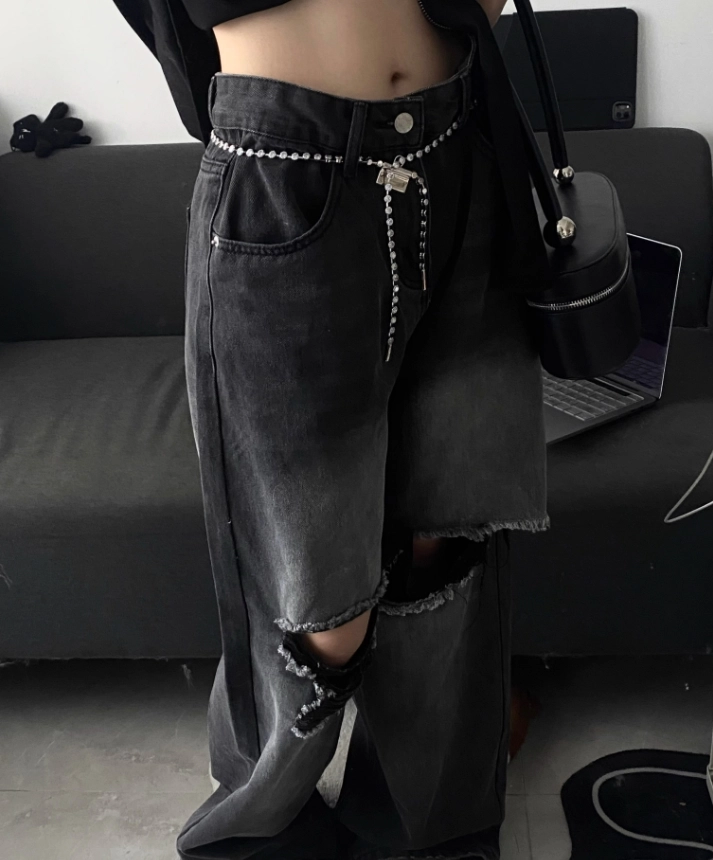 デニム・ジーパン BOHEMSEO : 25SS / KNEE OPEN RIPPED WIDE JEANS (BLACK) BOHEMSEO(ボヘミアンソウル) KNEE OPEN RIPPED WIDE JEANS