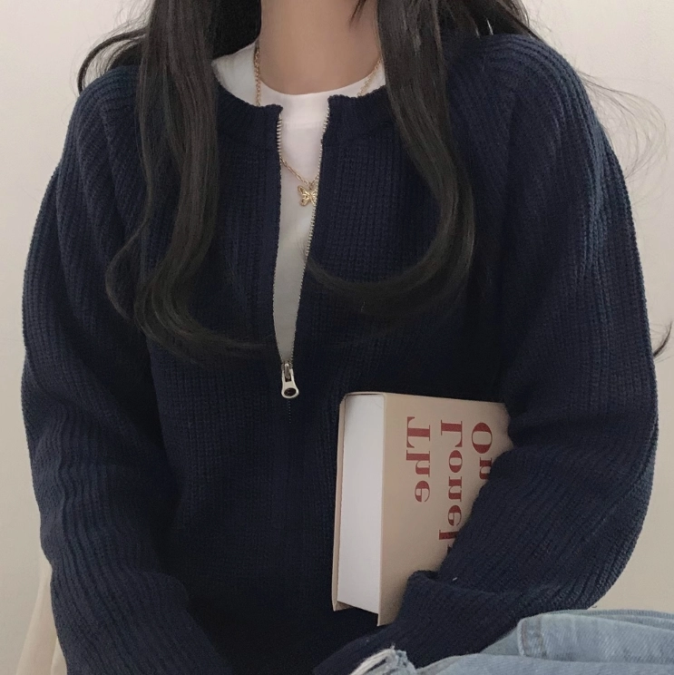 Blue Knitted Zip-Up Cardigan | Jennie - BlackPink - Fashion Chingu