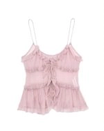 Swimcity★韓国アイドル着用★Late afternoon lace top Pink Ruffled See-Through Sling Top | Lily - NMIXX - Fashion