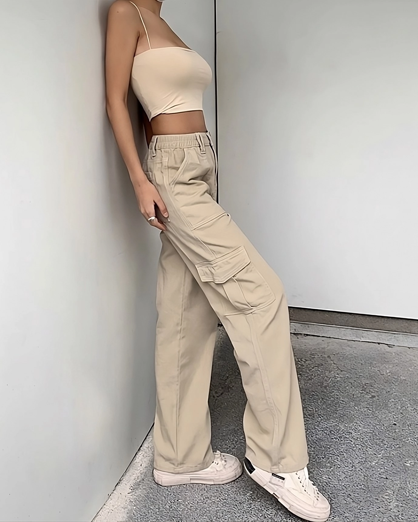 【EEUN】Karina Bootcut Pants Beige Cargo Jeans | Karina - Aespa - Fashion Chingu