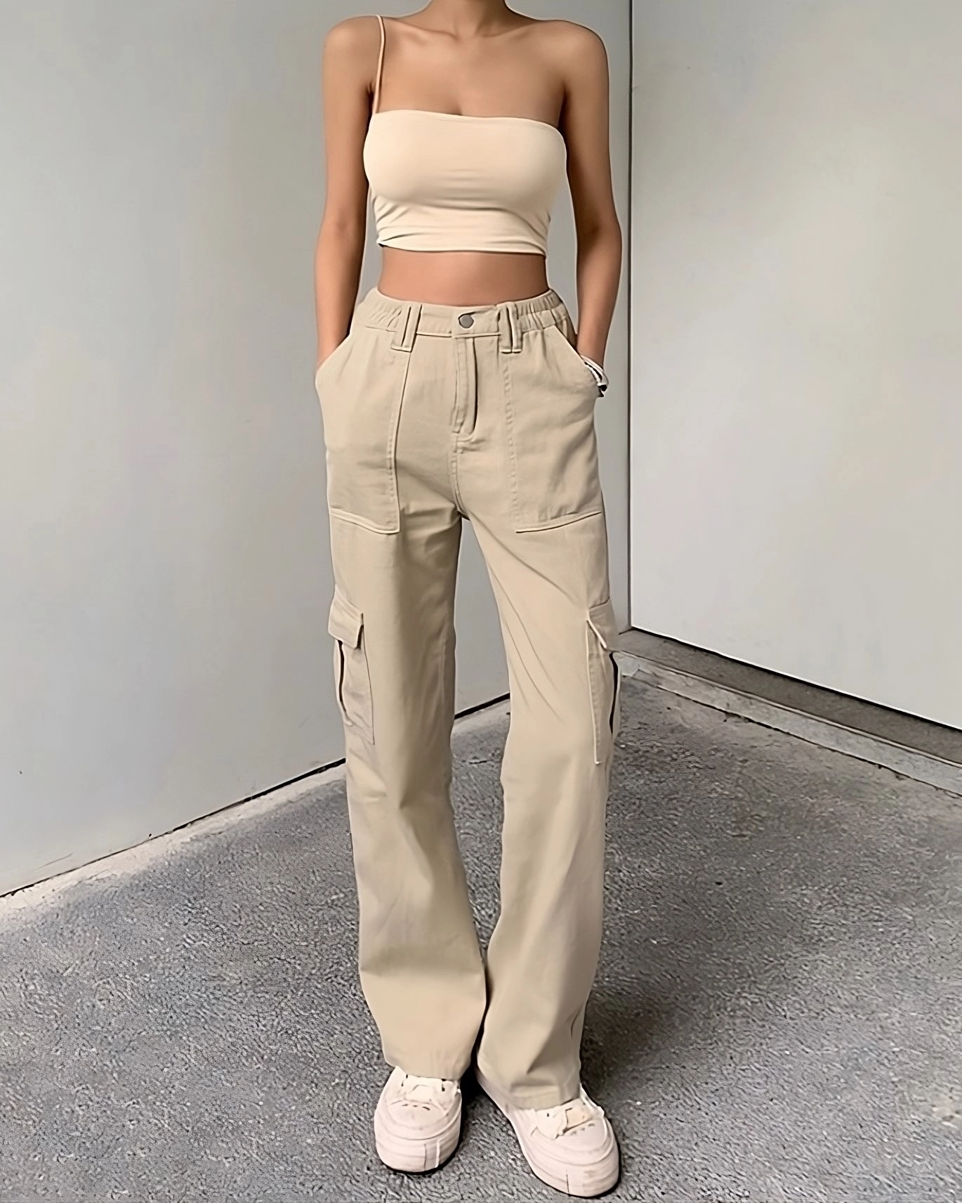 ★AESPA KARINA着用★ LUVISTRUE FS BOOTSCUT POCKET CARGO PANT Beige Cargo Jeans | Karina - Aespa - Fashion Chingu