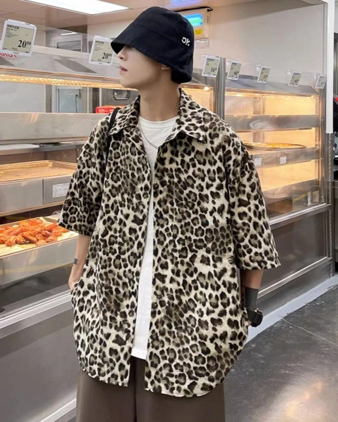 Beige Leopard Print Short Sleeves Oversized Shirt | Taehyung