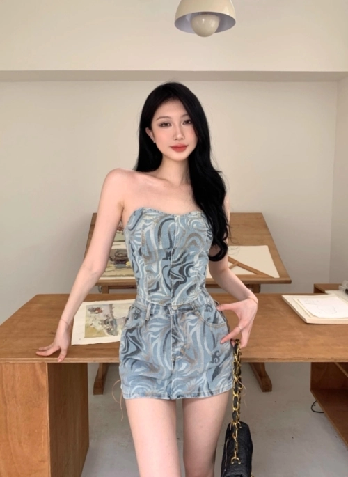 Blue Abstract Pattern Lace-Up Denim Skirt | Sana - Twice