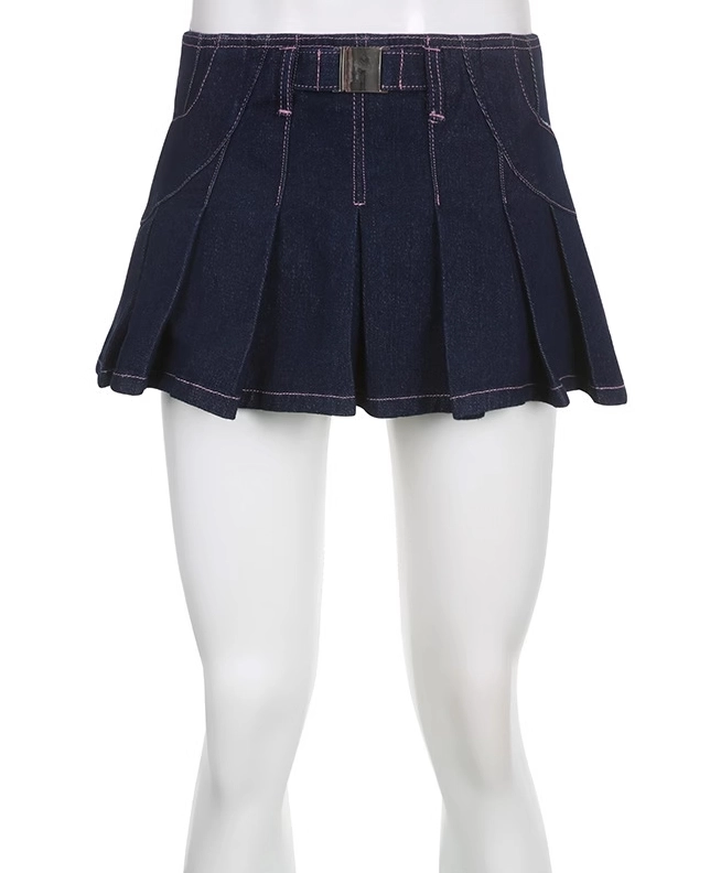 ★2025SS新作★ROMANTIC CROWN★BUCKLE DENIM PLEATS SKIRT pleats denim skirt – BUNNY APARTMENT