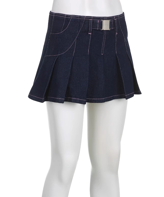 Blue Buckle Pleated Denim Skirt | Lisa - BlackPink - Fashion