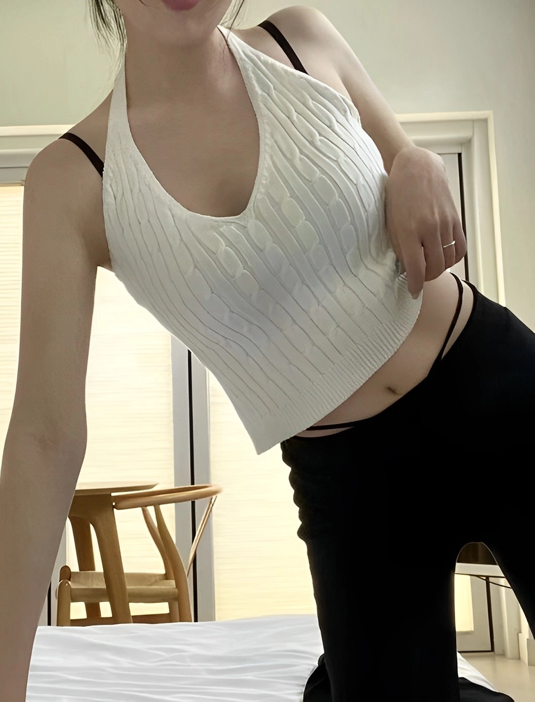 White Cable Knit Halter Top | Haerin - NewJeans - Fashion Chingu