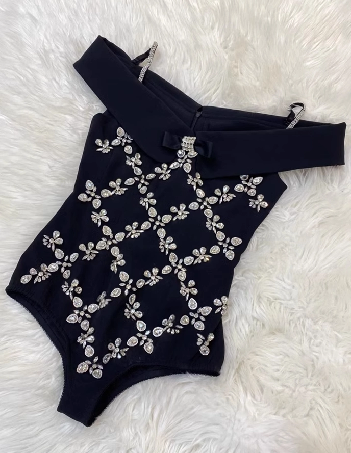 Black Rhinestone Embellished Bodysuit Top | Momo - Twice - Fashion
