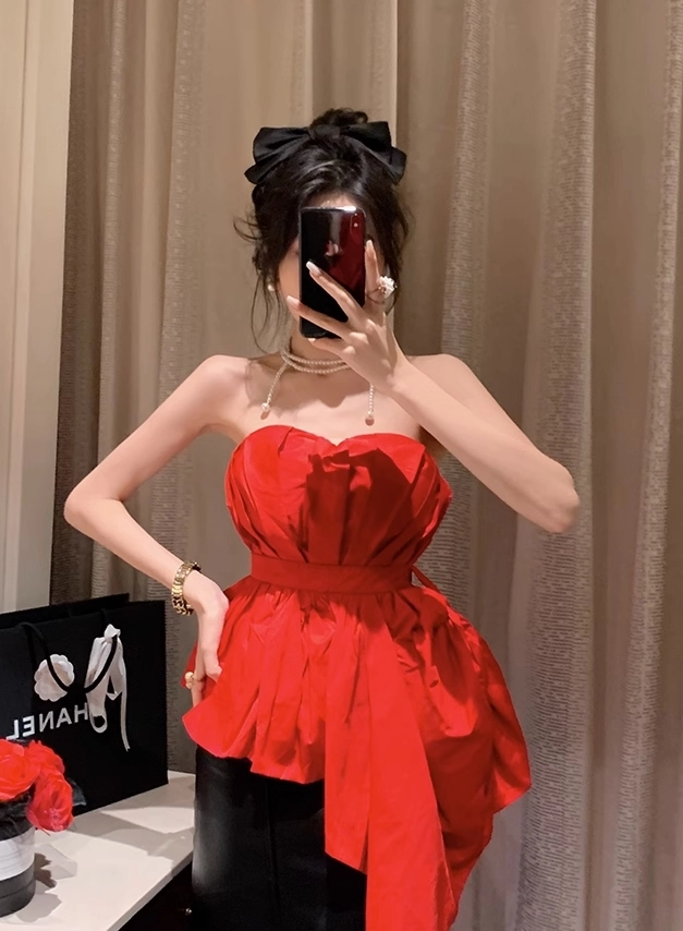 Red Asymmetric Hem Bustier Top | Momo - Twice - Fashion Chingu