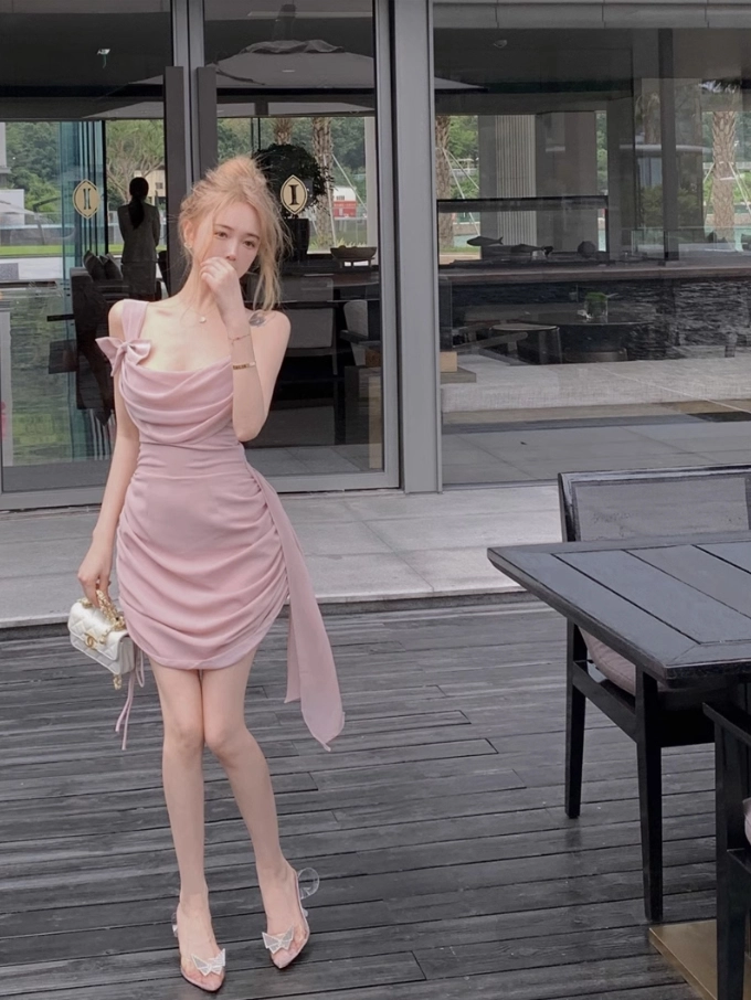 Pink Asymmetrical Sling Bow Dress | Jennie - BlackPink