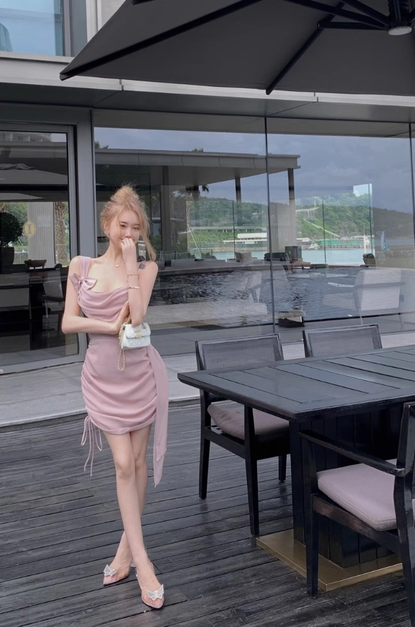 BLACKPINK着用★Sorry Too Much Love★Side Ruffle String Dress Pink Asymmetrical Sling Bow Dress | Jennie - BlackPink