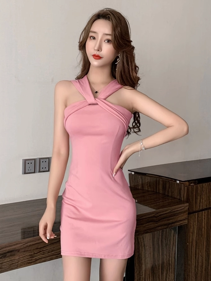 LESSERAFIM★関税込★Rest&Recreation★HALTER NECK MINI DRESS Pink Halter Bodycon Dress | Sakura - Le Sserafim - Fashion