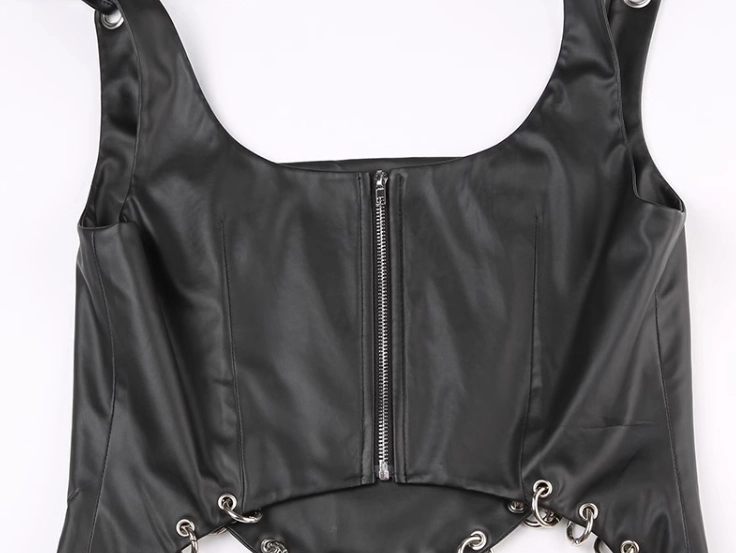 Black Metal Ring Embellished Faux Leather Top | Somi