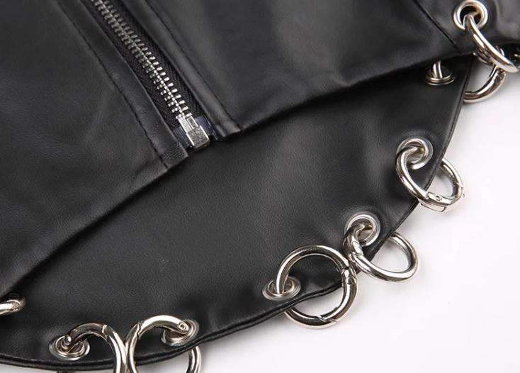 Black Metal Ring Embellished Faux Leather Top | Somi
