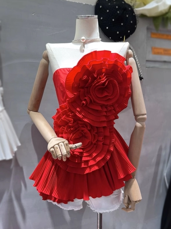 Red Flower Embellished Ruffled Dress | Winter - Aespa