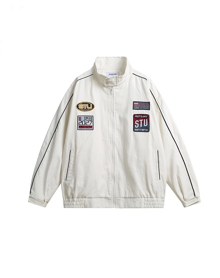 white jacket 韓国 White Zip-Up Racing Jacket | Hanni - NewJeans - Fashion Chingu