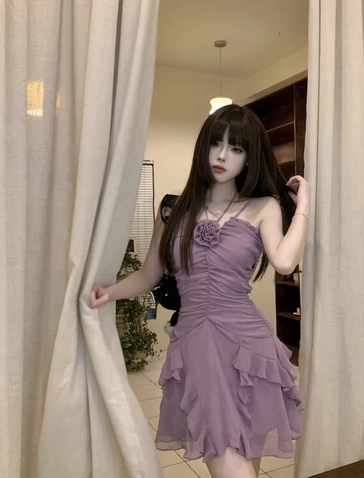 Lilac Flower Ruffles Halter Dress | Winter - Aespa - Fashion