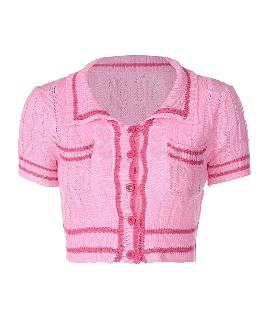Pink Knitted Button-Down Cropped Polo | Liz - IVE - Fashion