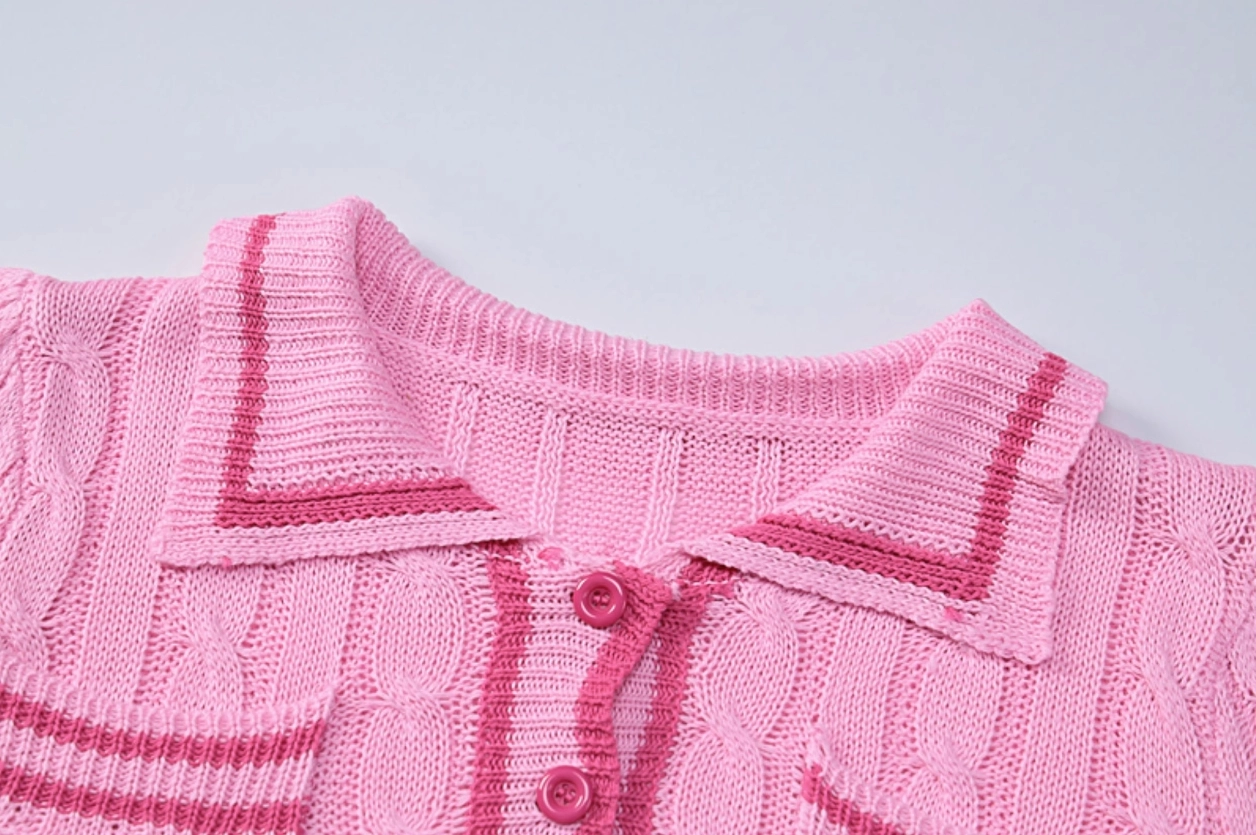 Pink Knitted Button-Down Cropped Polo | Liz - IVE - Fashion