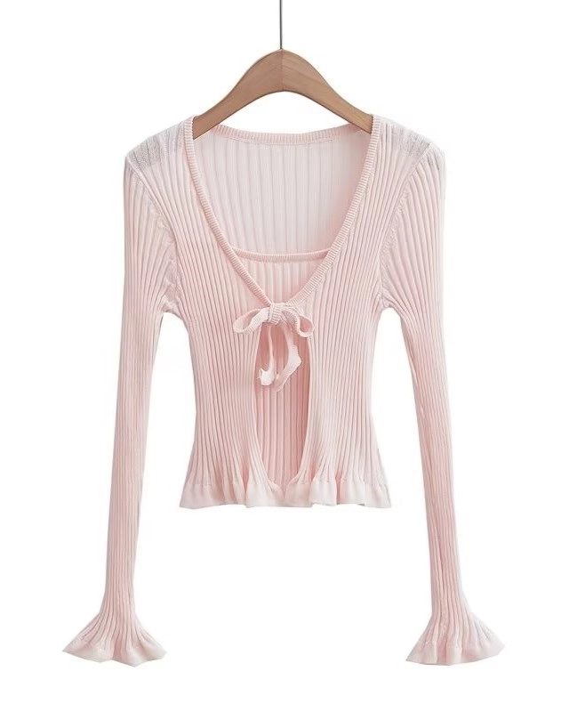Pink Lettuce Edge Top And Cardigan Fake Two-Piece Set