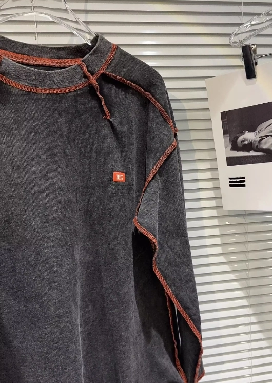 Grey Top Stitch Long Sleeve T-Shirt | Taehyung - BTS - Fashion Chingu