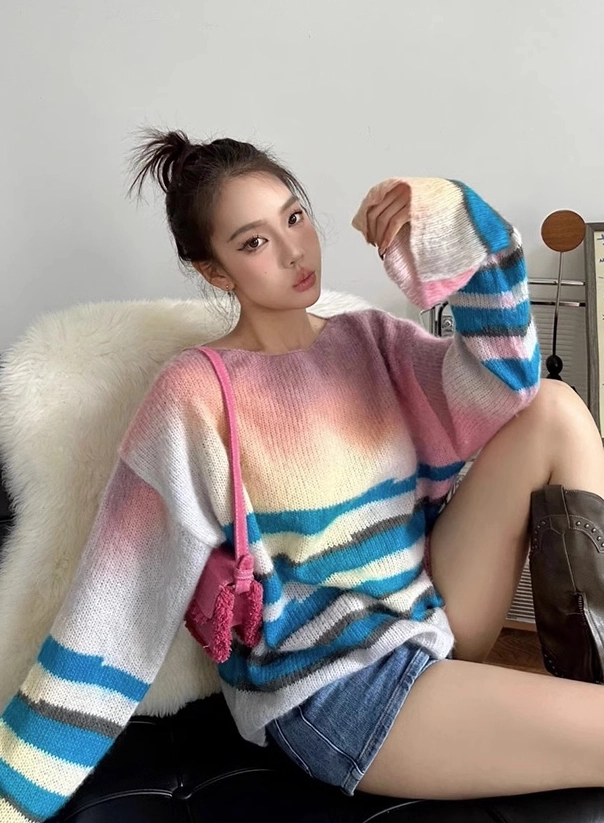 【BAON】[unisex] Rush bokashi stripe V-neck knit V Neck Oversized Sweater Stripe Patterned - SKU: 1208 – VAV