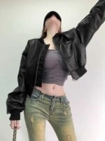 Black Faux Leather Cropped Bomber Jacket | Mark - NCT