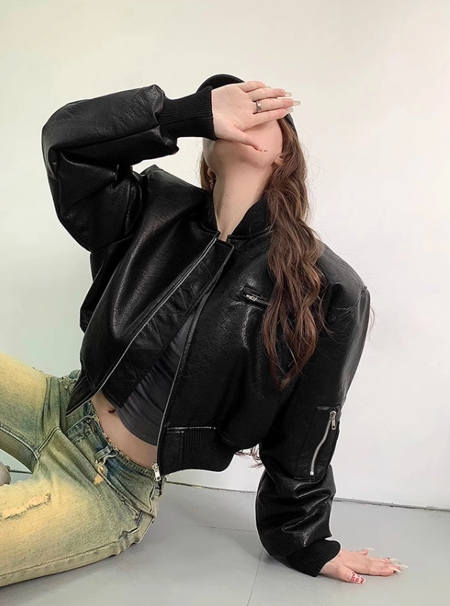 Black Faux Leather Cropped Bomber Jacket | Mark - NCT