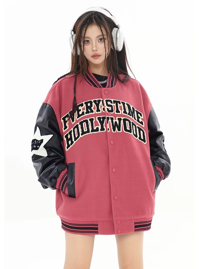 Pink Hollywood Varsity Jacket | Jake - Enhypen - Fashion Chingu