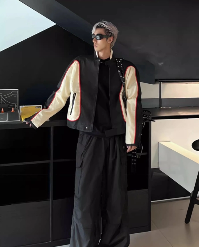Black Contrasting Biker Jacket | Jungkook - BTS - Fashion Chingu