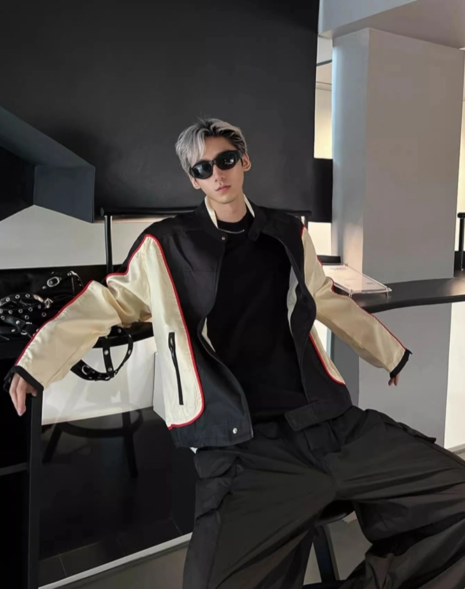 ジャケット・アウター bnkksj Black Contrasting Biker Jacket | Jungkook - BTS - Fashion Chingu