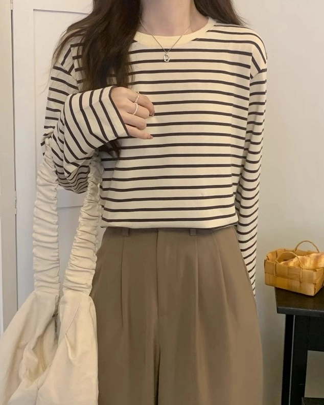 Beige Striped Long Sleeve T-Shirt | Jungkook - BTS - Fashion