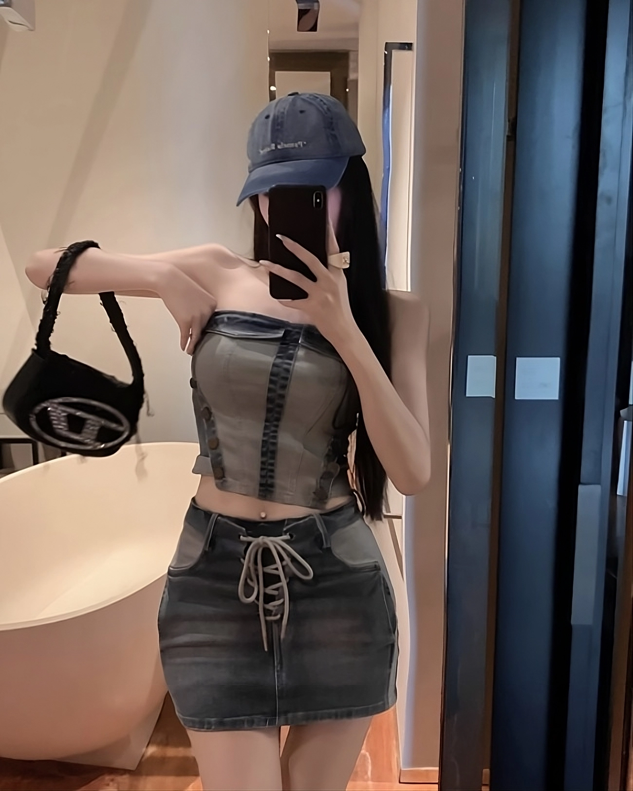 Blue Two-Tone Denim Tube Top | Giselle - Aespa - Fashion Chingu