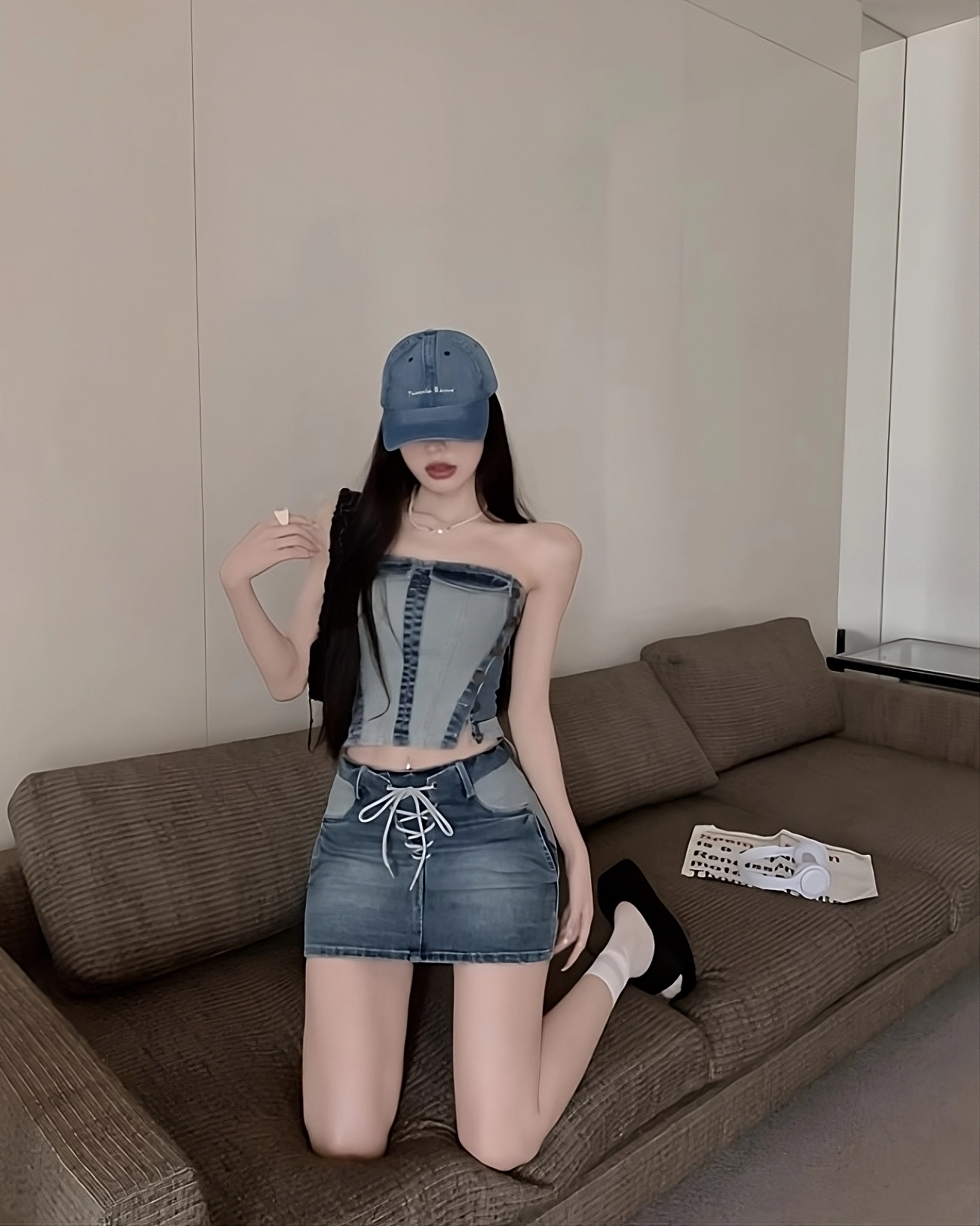 Blue Two-Tone Denim Tube Top | Giselle - Aespa - Fashion Chingu