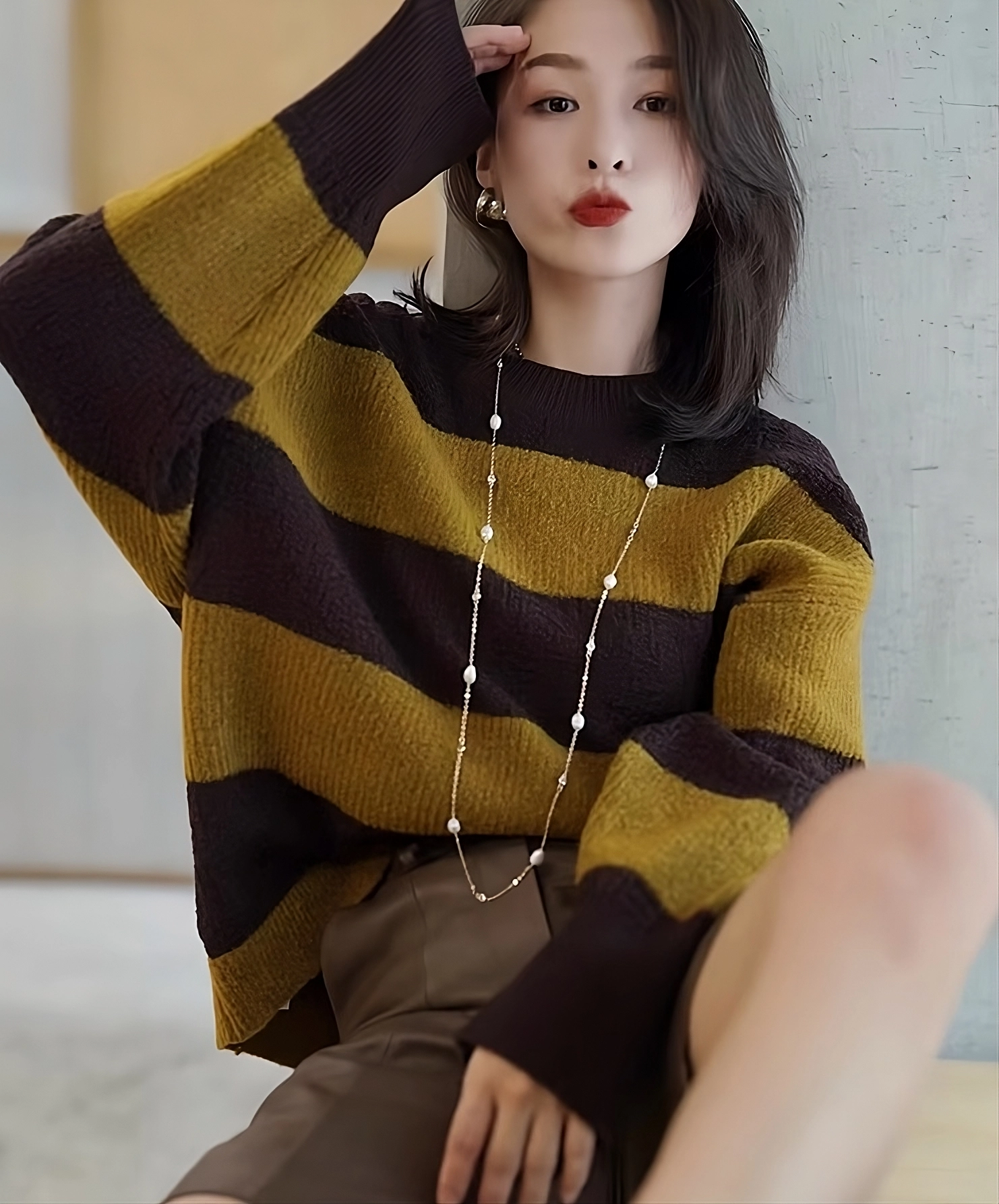 トップス LINKS CHECK KNIT PULLOVER Brown And Yellow Knit Sweater | Harvey - XG - Fashion Chingu