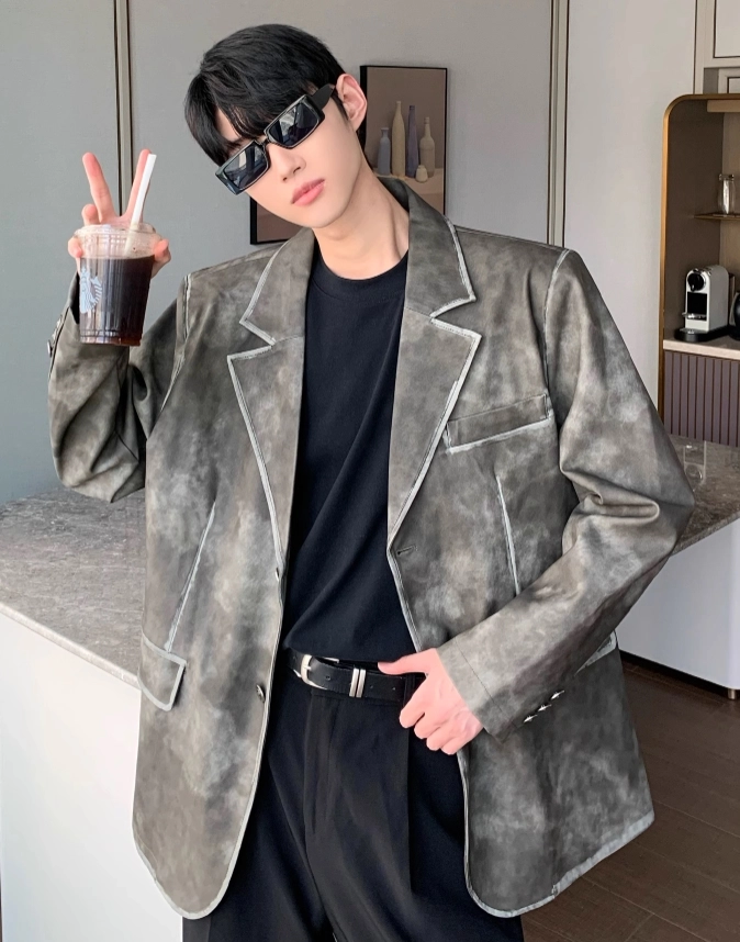 Grey Dyed Faux Leather Suit Jacket | Jungkook - BTS