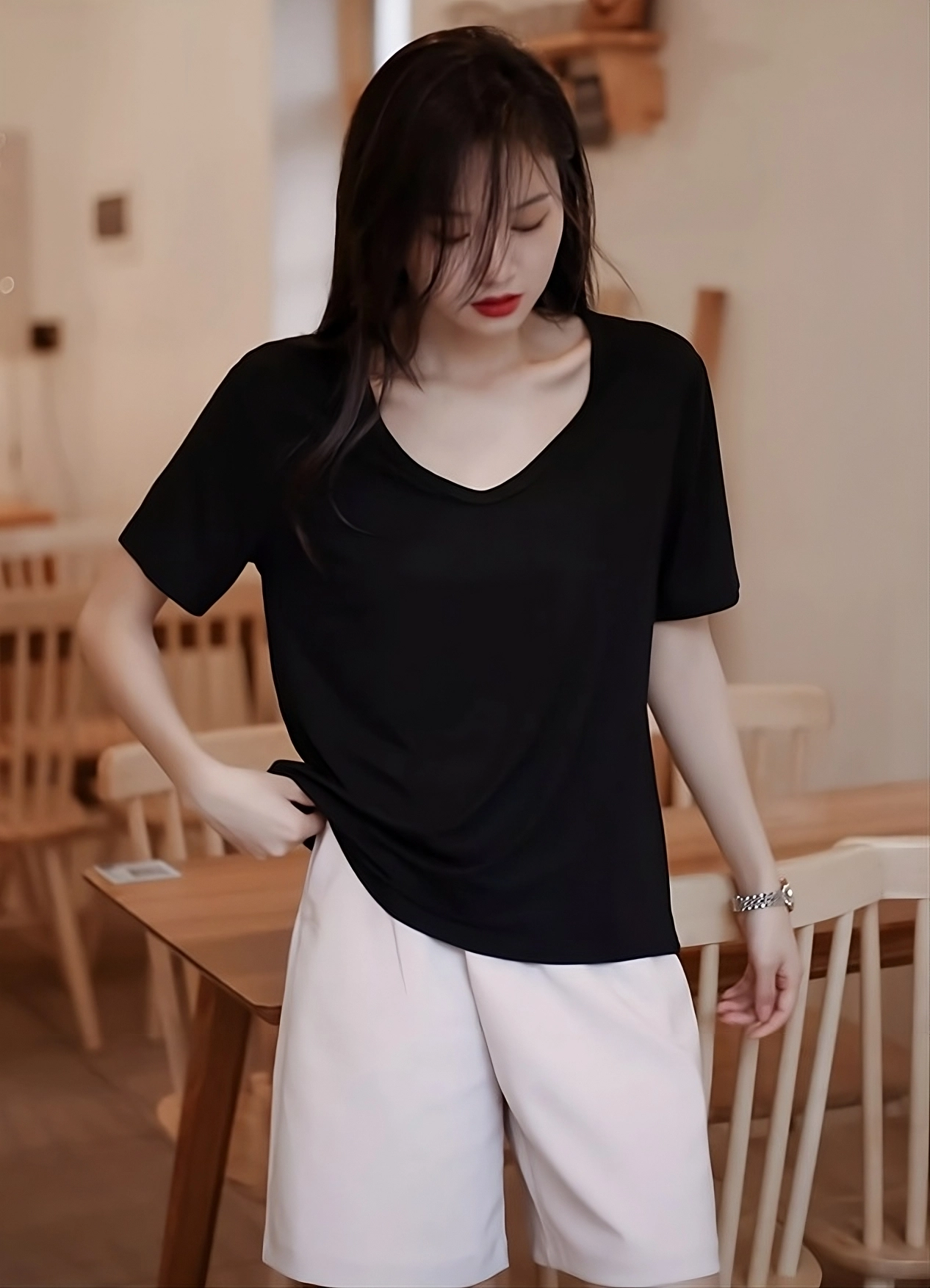 Black Low Neckline T-Shirt | San - ATEEZ - Fashion Chingu
