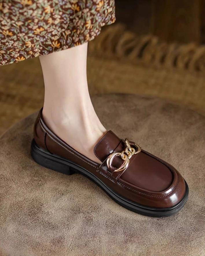 Brown Faux Leather Chained Loafers | Jennie - BlackPink