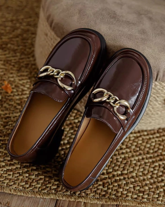 Brown Faux Leather Chained Loafers | Jennie - BlackPink