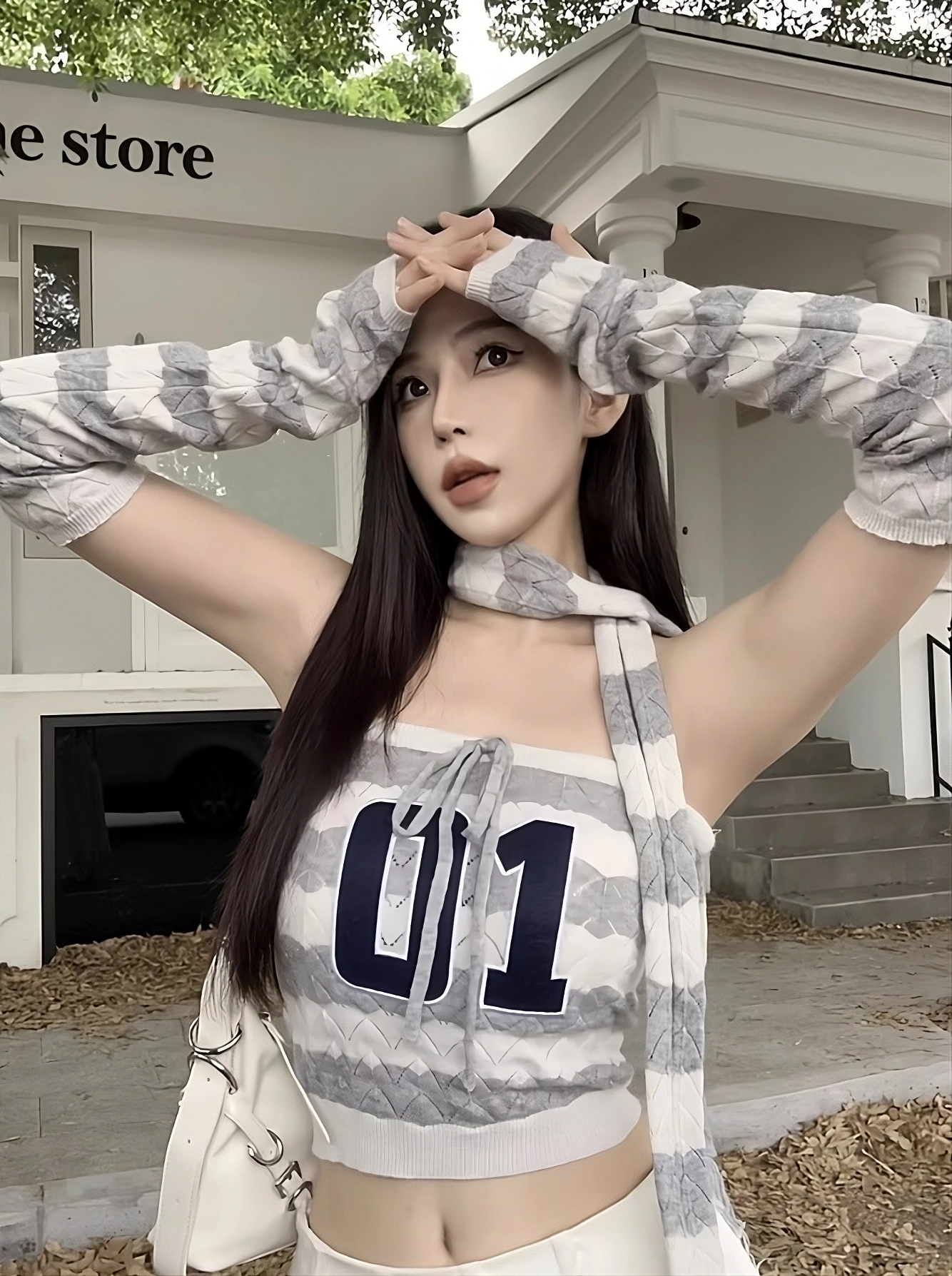DREAMCATCHER ジユ Grey And White 01 Stripes Tube Top With Scarf Detail | JiU