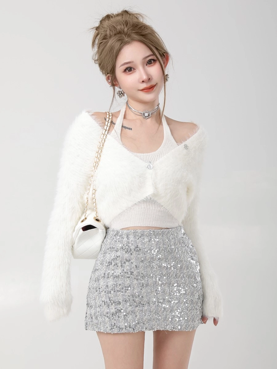 Metallic Grey Sequin Embellished Skirt | Lisa - BlackPink