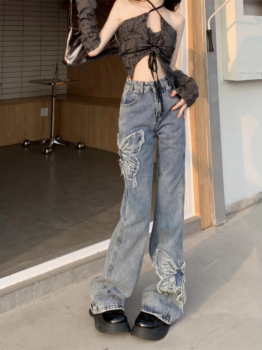 Blue Butterfly Embroidered Flared Jeans | Nayeon - Twice