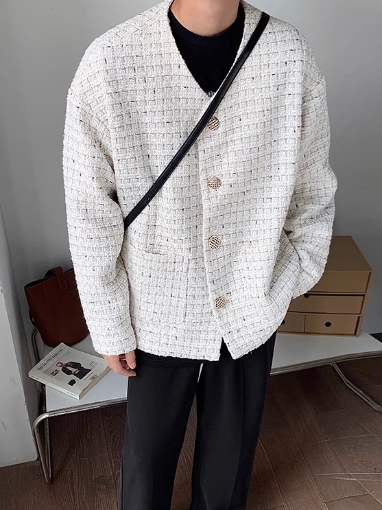 White Tweed Collarless Blazer Jacket | Jeongin - Stray Kids